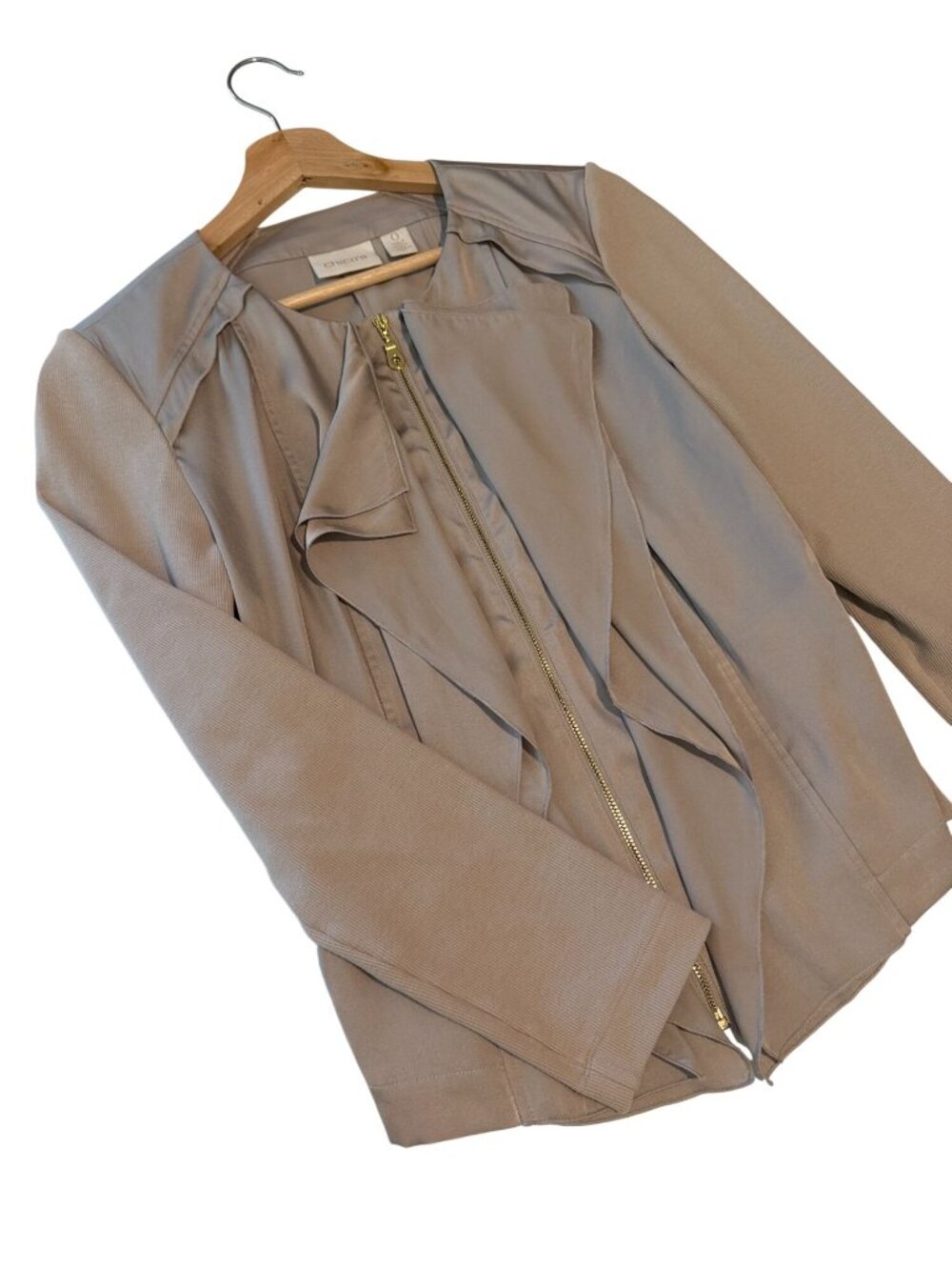 Chico's Tan Drape Ruffled Front Full Zip Front Pockets Jacket Size Small